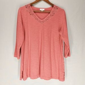 j.jill Pink 3/4 Sleeve Long Sleeve Top W/ Lace Sz M